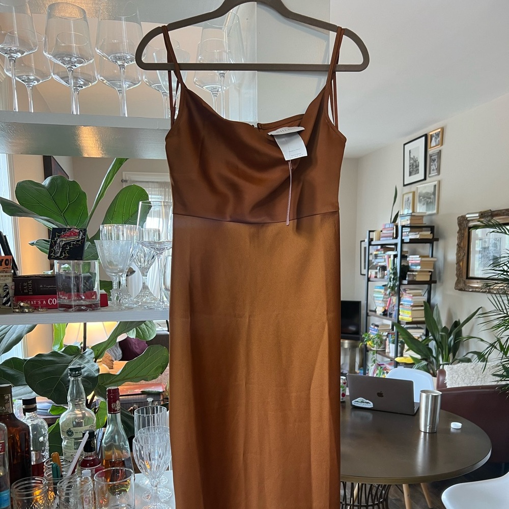 BHLDN Cali Satin Charmeuse Midi Dress in Rust
